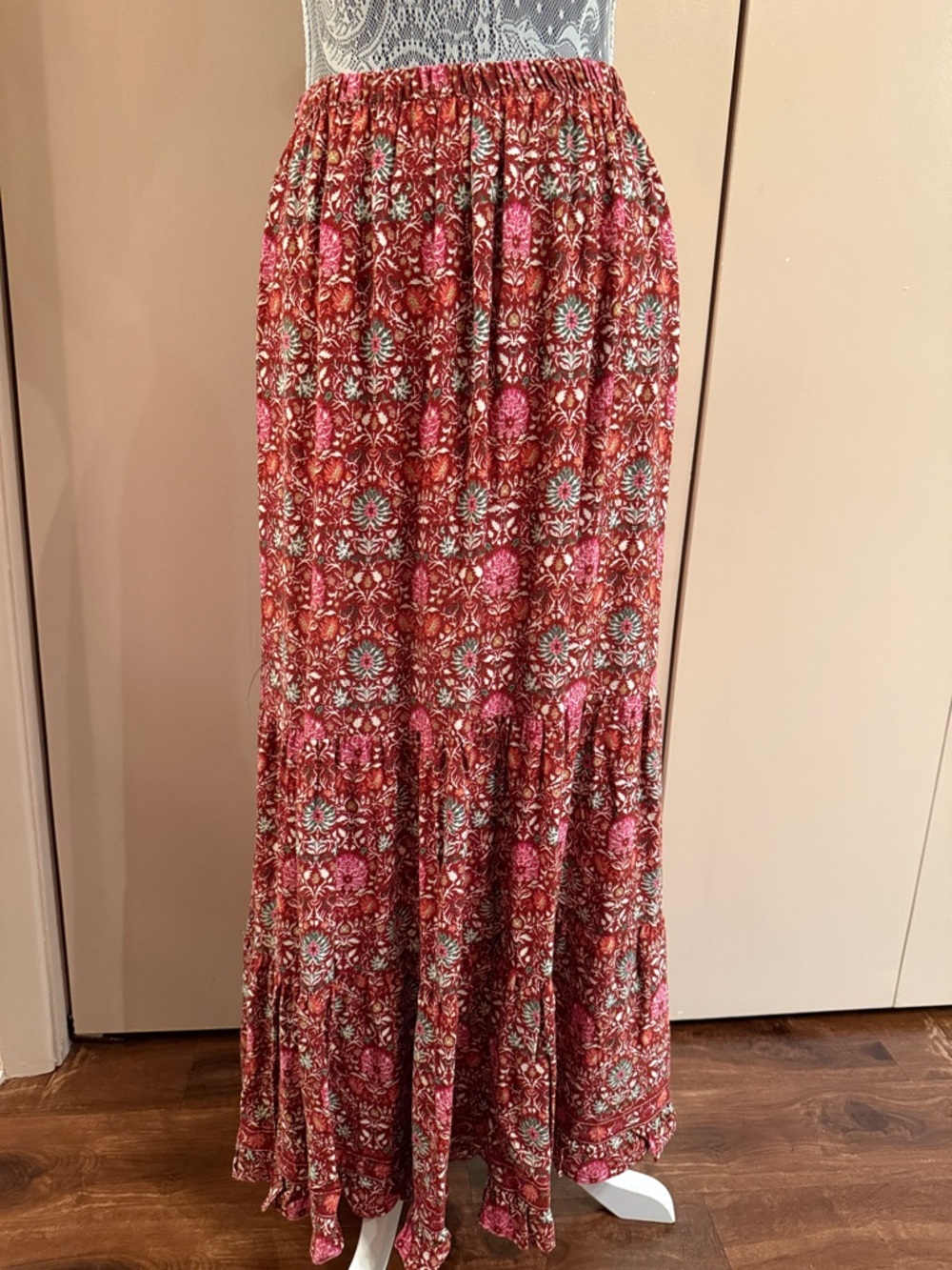 Max Studio Red and Pink Floral Tiered Maxi Skirt